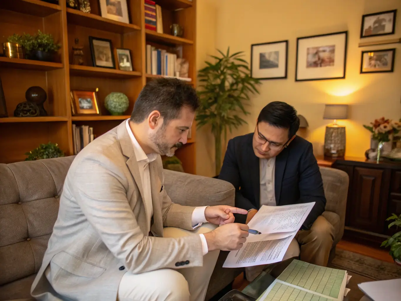 A business plan document being reviewed by a consultant, with financial projections and market analysis highlighted, in a well-lit office environment.