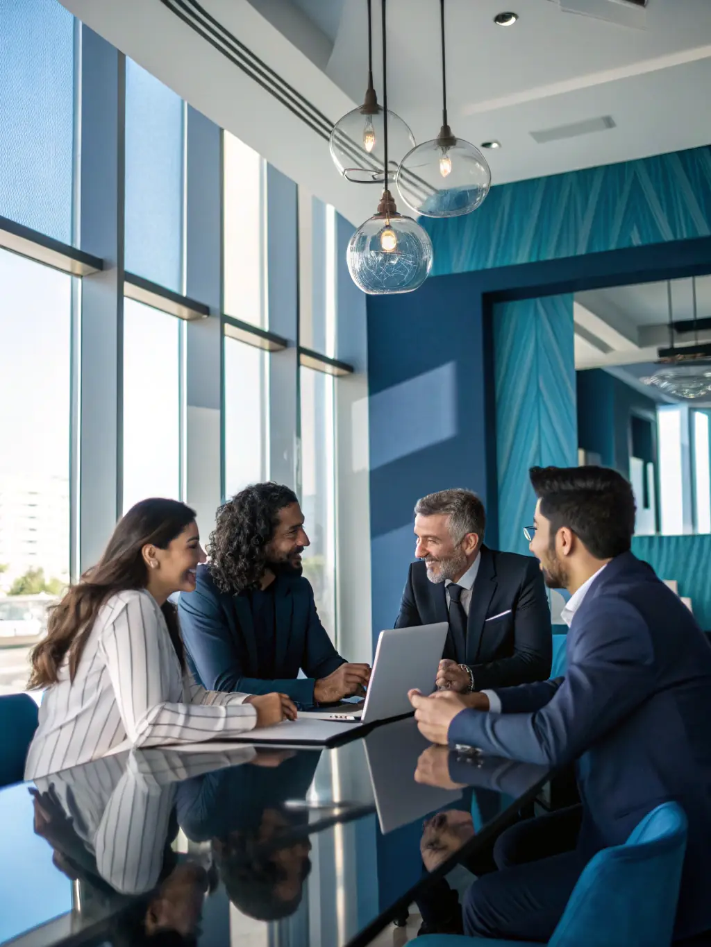A diverse group of investors reviewing a business proposal in a modern office setting, symbolizing successful funding acquisition.