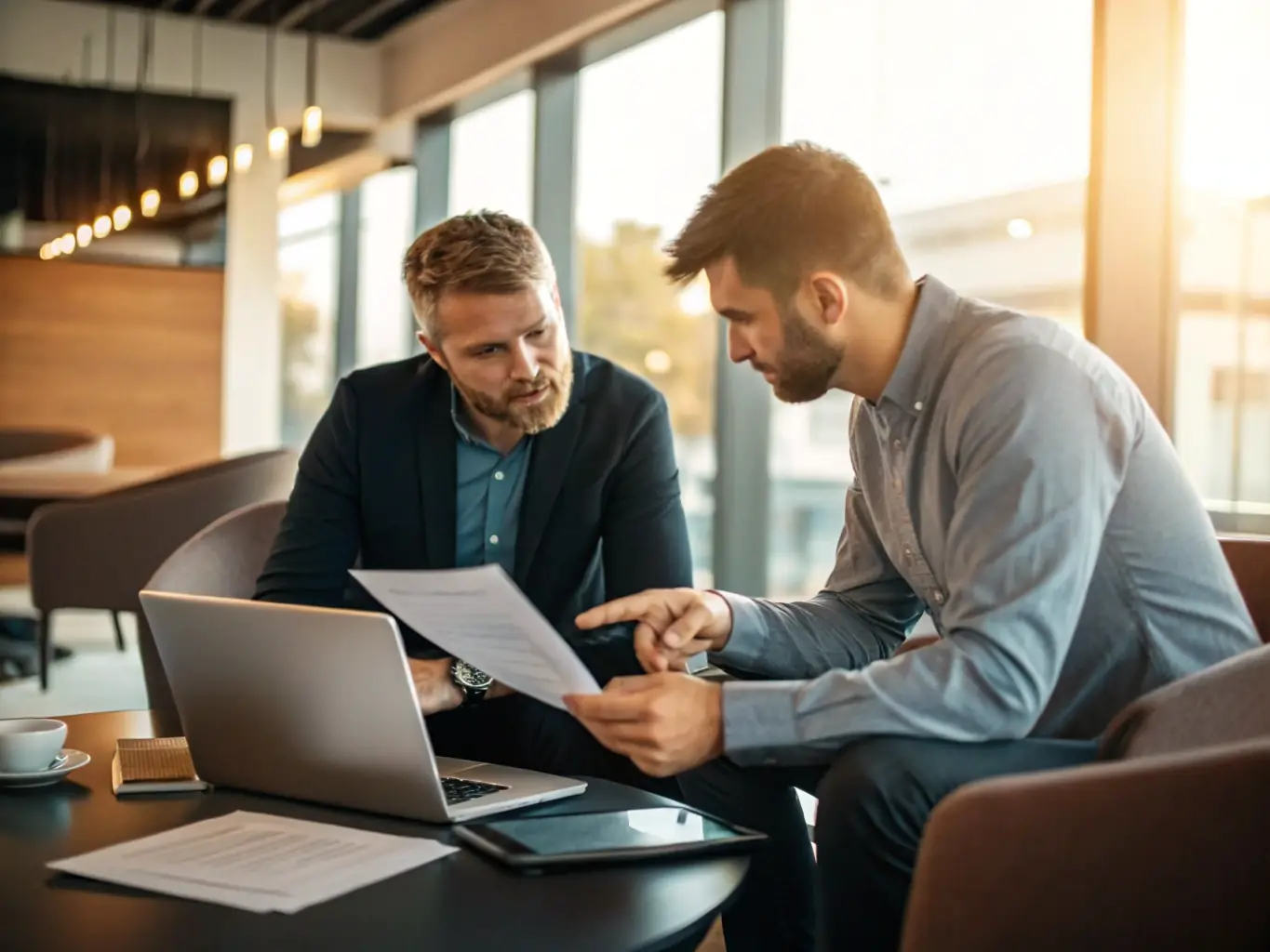 A consultant working with a client on a business strategy plan, reviewing documents and discussing growth opportunities in a modern office setting.