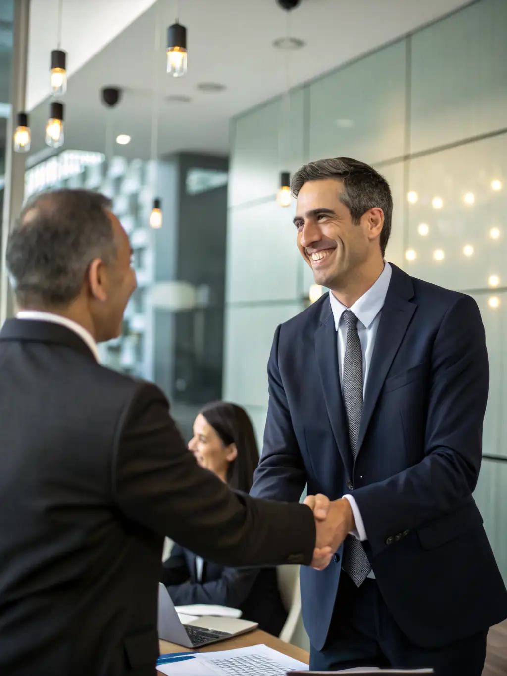 A successful business owner shaking hands with a venture capitalist, signifying a successful funding agreement.
