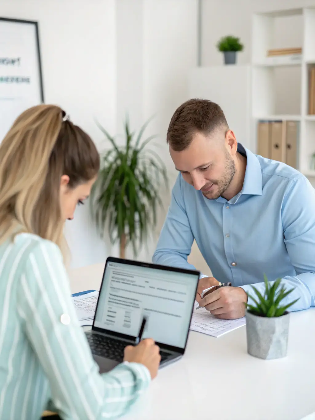 A consultant is guiding a client through the grant application process, reviewing documents and providing advice in a professional office setting, emphasizing funding assistance and compliance.