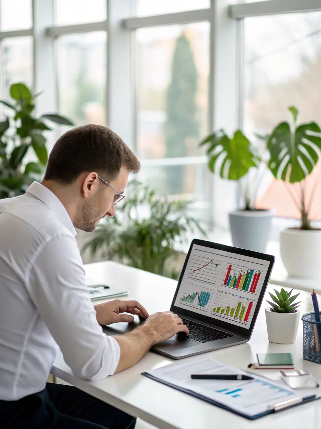 A professional consultant is creating a detailed business plan on a laptop in a modern office setting, surrounded by financial documents and charts, emphasizing strategic planning and financial acumen.