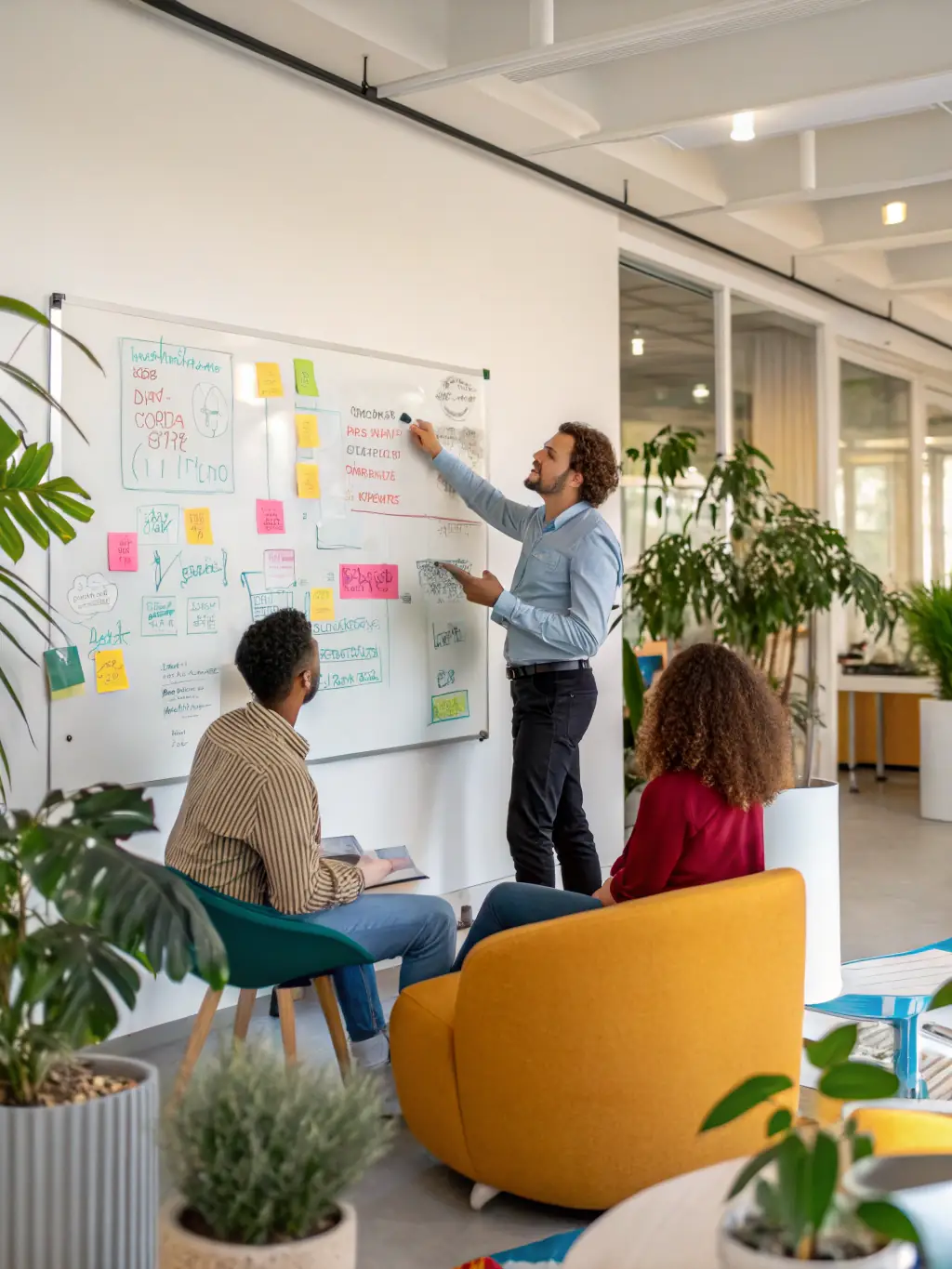 A team of consultants is brainstorming business strategies in a modern office, using a whiteboard with market analysis data, emphasizing strategic thinking and market insights.